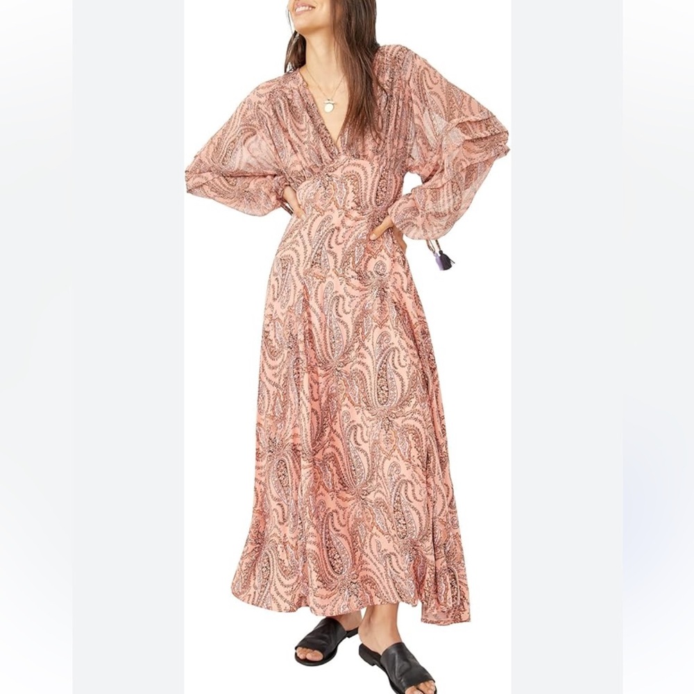 FREE PEOPLE MIRAGE MAXI DRESS PEACH BOHEMIAN PAISLEY FLOWY LINED SIZE 0